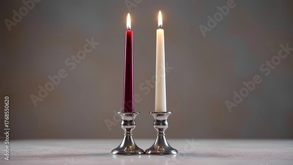 Fototapeta "Candlelit Promise": A focus on two identical, unlit, slender taper candles—one deep burgundy, one soft cream—standing side-by-side in elegant silver holders. Their wicks are almost touching.