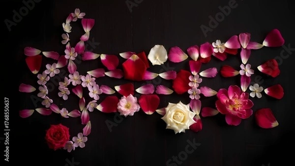 Fototapeta "Symphony of Petals": A beautiful still life of various delicate flower petals (e.g., rose, peony, cherry blossom) in shades of deep red, fuchsia, and ivory, meticulously arranged.