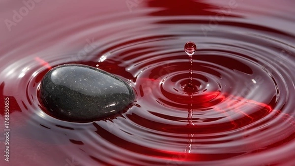Fototapeta "Crimson Tide of Emotion": A dynamic close-up of a smooth, dark pebble being gently submerged into a pool of highly reflective, deep crimson liquid (like colored resin or oil). 