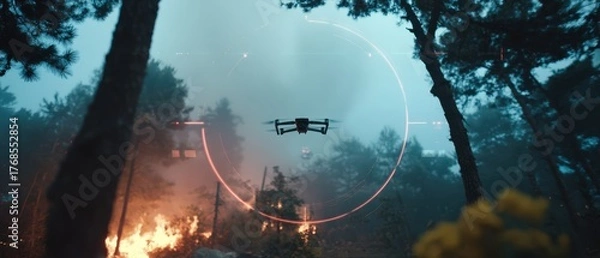 Fototapeta Aerial drone surveying smoke-filled forest landscape during wildfire crisis with advanced technology showcasing environmental monitoring and disaster response strategies