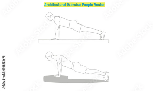 Fototapeta Architectural exercise people vector set featuring male and female silhouettes performing yoga, stretching, and workout poses. Perfect for fitness design, architectural drawings, gym posters.