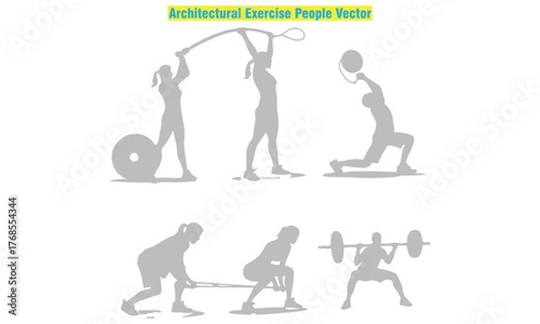 Fototapeta Architectural exercise people vector set featuring male and female silhouettes performing yoga, stretching, and workout poses. Perfect for fitness design, architectural drawings, gym posters.