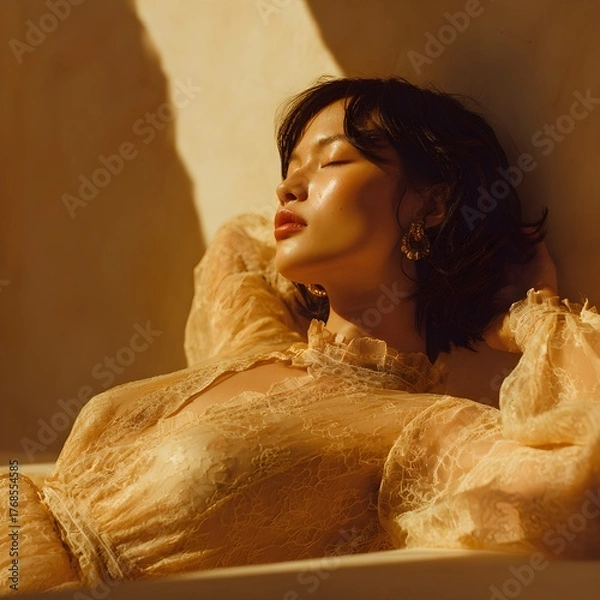 Obraz Elegant Woman Reclining in Warm Golden Sunlight Wearing Pastel Yellow Lace Designer Ensemble