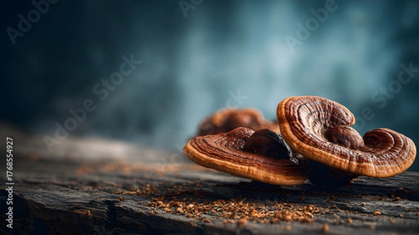 Obraz Fresh reishi mushroom on dark wooden surface with moody lighting and textured detail, evoking earthy and medicinal atmosphere