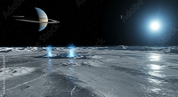 Fototapeta Enceladus: The Active Icy Moon Before Saturn – A Stunning View of Ice Geysers Under the Sun’s Glow