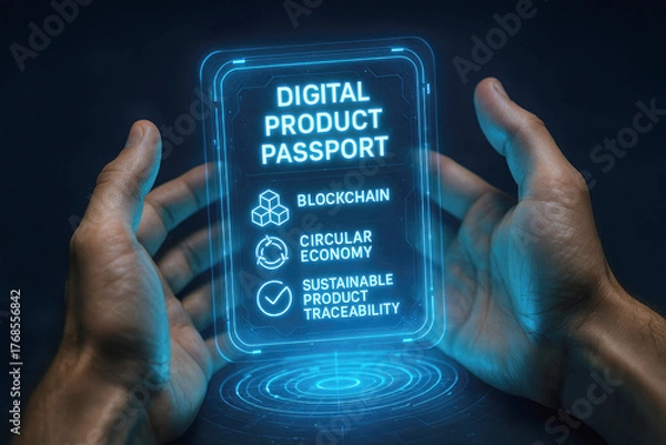 Fototapeta Digital Product Passport Hologram Displayed Between Hands with Blockchain and Circular Economy Icons