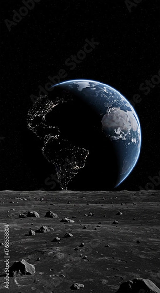 Fototapeta Earth from the Moon: A Stunning View of Our Blue Planet with Illuminated Cities at Night from the Lunar Surface