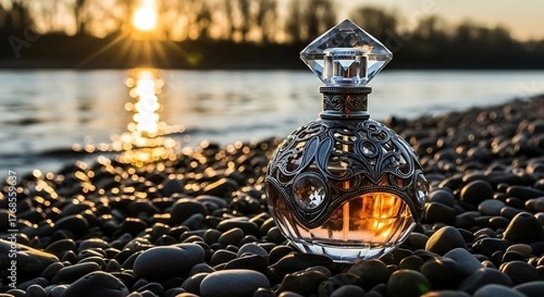 Obraz Experience the captivating allure of a luxury perfume bottle at sunset along a tranquil riverbank, evoking a sense of elegant beauty and serenity.