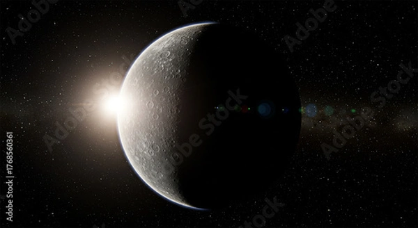 Fototapeta The Moon in Sunlight: A Stunning View of a Cratered Surface Before a Radiant Sun with Lens Flare Effect