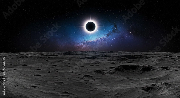 Fototapeta Solar Eclipse from the Moon: A Stunning View of the Eclipse Before the Milky Way Galaxy from a Rocky Lunar Surface