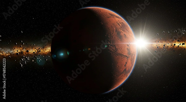 Fototapeta Mars from Space: A Stunning View of the Red Planet with the Milky Way Galaxy and a Radiant Sun in the Horizon