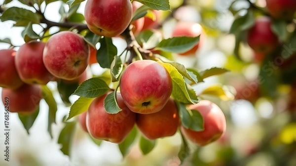 Obraz picking. Low-hanging tree branch laden with ripe, red apples ready for picking in natural daylight. gardening catalogs, home-decor guides, designed for home decor and floral branding.