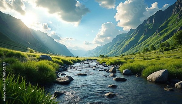 Fototapeta Green River Valley: A Stunning View of a Grass-Covered Valley with a Flowing River Between Rocks Under a Cloudy Sky and Sun Rays