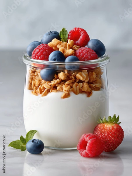 Obraz Healthy breakfast bowl with yogurt, berries, and granola on a light background