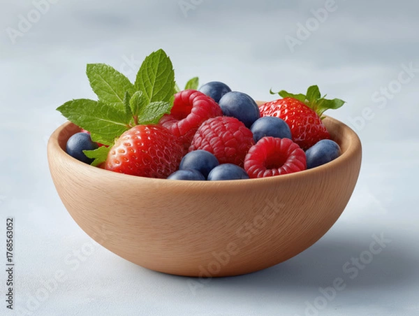 Obraz Fresh berries in a wooden bowl with mint leaves on a light background