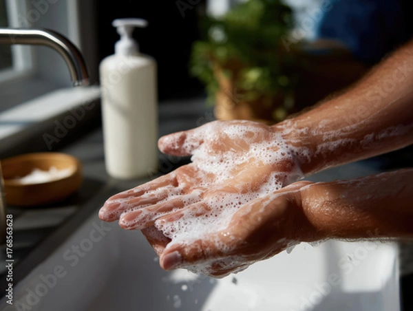 Obraz Washing hands with soap at a sink in a bright kitchen to maintain hygiene