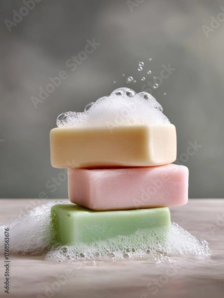 Obraz Colorful soap bars stacked with bubbly foam on a soft grey background