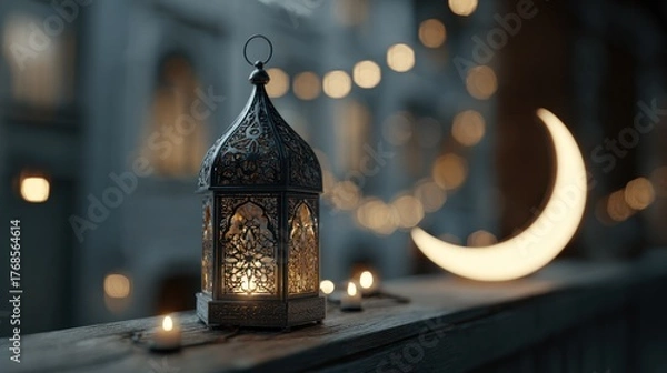 Fototapeta Ornate lantern with a crescent moon, showcasing warm lighting and a serene ambiance.