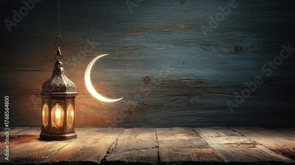 Obraz A warm, inviting image of a decorative lantern and crescent moon, illuminated against a weathered wooden backdrop.