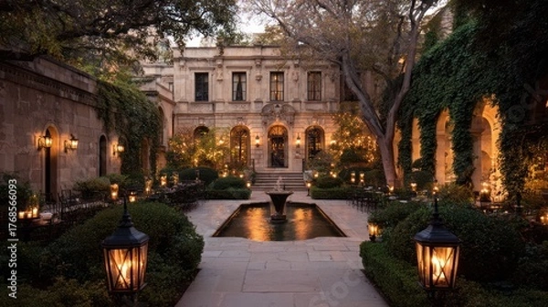 Fototapeta A meticulously landscaped courtyard, illuminated by warm candlelight, creates a romantic and elegant ambiance.