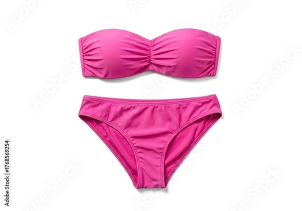 Fototapeta A vibrant pink two-piece swimsuit featuring a ruched bandeau top and matching briefs laid flat on a white surface with subtle shadows