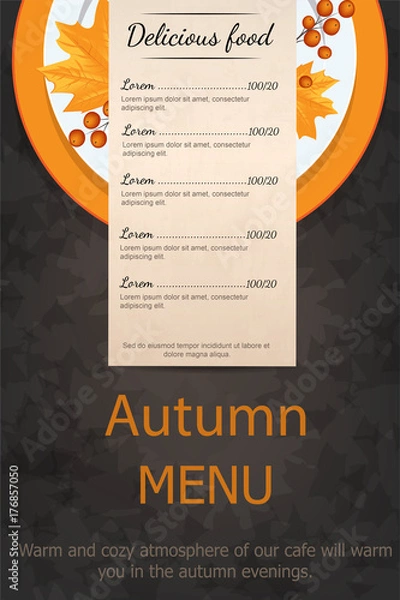 Obraz Autumn menu. Plate with yellow leaves Rowan. On a wooden table.