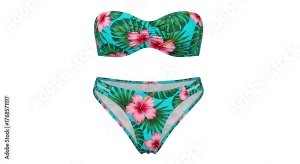 Obraz A vibrant two-piece swimwear set featuring a bandeau top and high-cut bottoms with a tropical pattern of green palm leaves and pink hibiscus flowers on a turquoise background