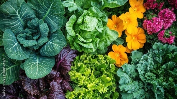 Obraz A backyard garden in full bloom with a mix of vibrant flowers and vegetables growing alongside each other.