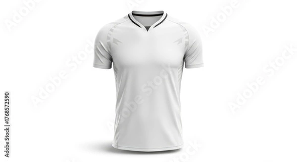 Fototapeta A white short-sleeved athletic t-shirt with a black v-neck collar and subtle grey patterns on the shoulders displayed on a white background