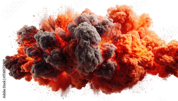 Fototapeta A vivid explosion, showcasing fiery orange and grey clouds expanding against a black background