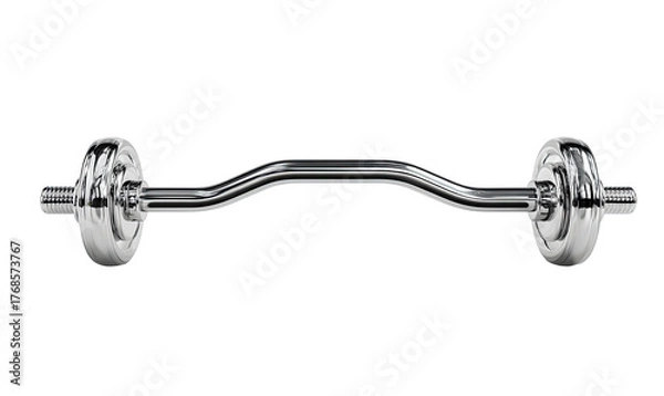 Obraz A shiny metal curling bar, showing curves for grip and weight fixtures on both ends, isolated on black