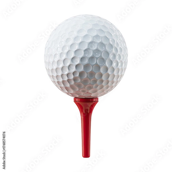 Obraz Close-up of a white dimpled sphere, atop a red peg, against a black background