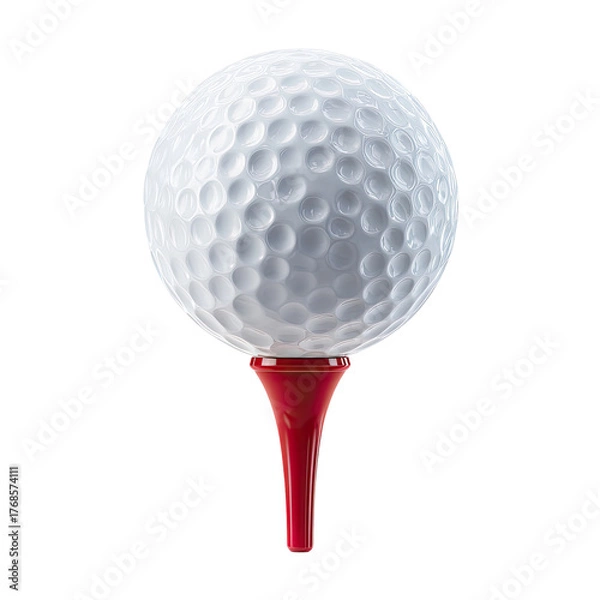 Obraz A close-up shot of a white dimpled ball positioned on a vibrant red tee against a dark background