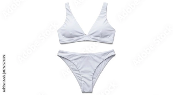 Obraz A white two-piece swimwear set featuring a triangle top and high-cut bottoms is laid flat against a pristine background with subtle shadows