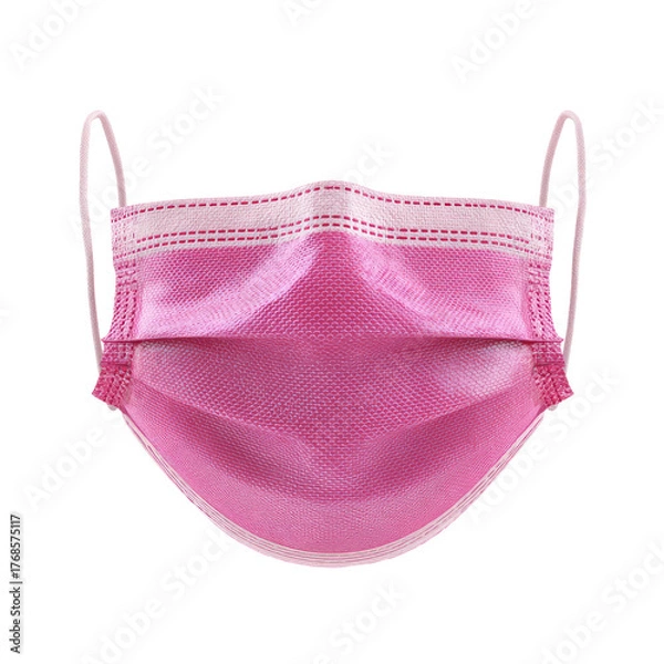 Fototapeta Close-up shot of a pink disposable face mask with ear loops, isolated on a black background