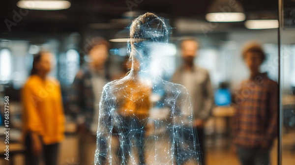 Fototapeta Team meeting with a hologram or virtual assistant using AI. Concept of a futuristic office and the use of technology to improve work.