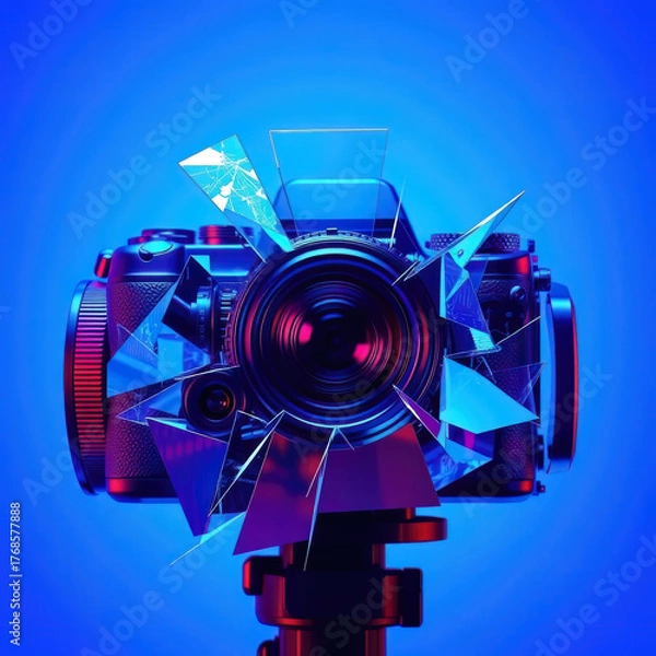 Obraz A digital camera among broken glass.