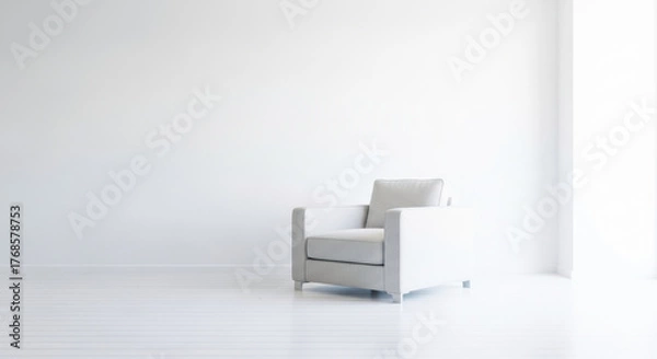Obraz Modern white armchair with textured fabric on wooden floor in minimalist room setting.