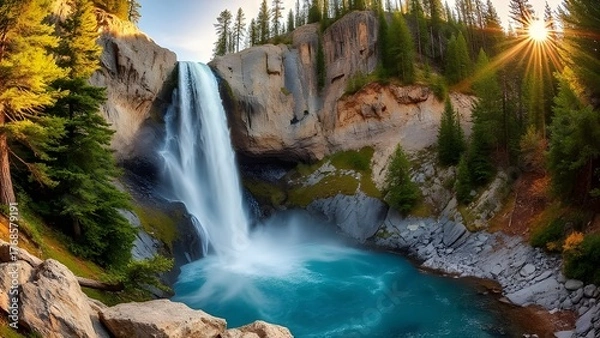 Fototapeta Majestic Waterfall Landscape with Sunlight in Mountain Forest
.