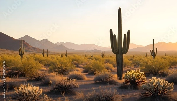 Fototapeta Desert Landscape with Cactus at Sunset, Arizona Wilderness.