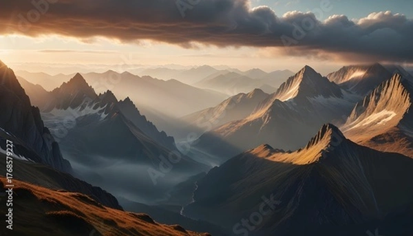 Fototapeta Majestic Mountain Landscape with Sunset Light and Misty Valleys.
.