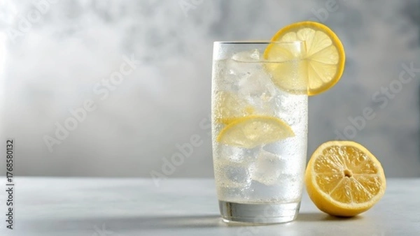 Fototapeta Clear Refreshing Sparkling Water With Ice Lemon Slices And Bubbles In A Tall Glass