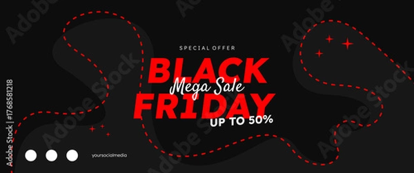 Fototapeta Black Friday wide cover with red dotted line decoration. Special offer for Black Friday up to 50 percent off. Web background, sales, business, and advertising. Black Friday banner.