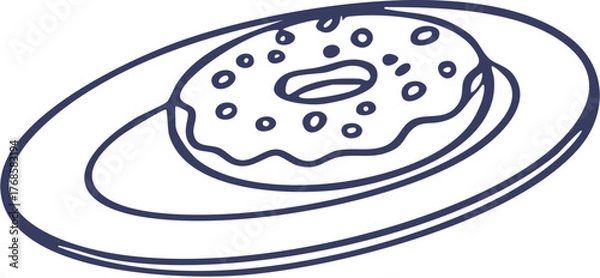 Fototapeta Simple line art drawing of a frosted donut with sprinkles on a plate.