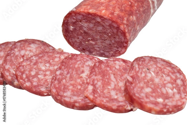 Fototapeta Dry-cured pork sausage cut into thin slices lies on a PNG background.