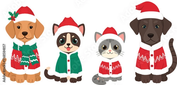 Fototapeta Festive pets in holiday attire standing in a row on white background design