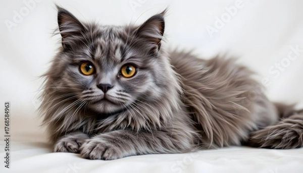 Obraz Majestic Maine Coon Cat with Fluffy Grey Fur and Striking Orange Eyes Lying on Soft Surface