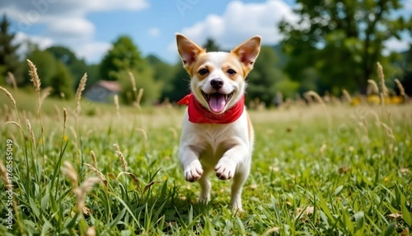 Obraz Happy Jack Russell Terrier Running Through Lush Green Field on a Bright Sunny Day