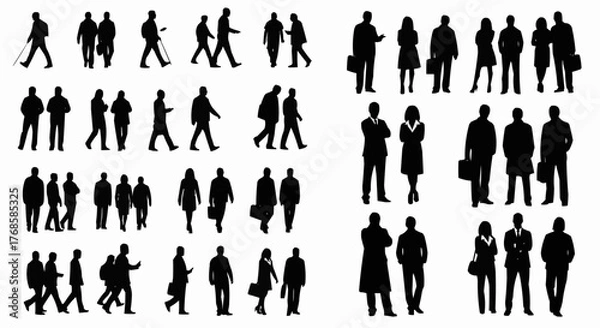 Fototapeta Silhouettes of people in various poses including walking standing and carrying briefcases and bags shown