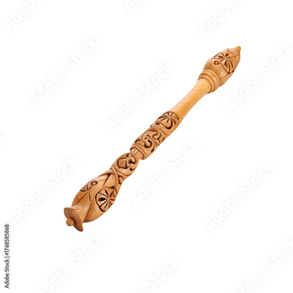 Obraz Folk carved wand with floral motifs; wand shows smooth wood grain and ornate ends in angled view; wand isolated on white for product showcase, fantasy cosplay prop mood, artisan vibe, woodland charm